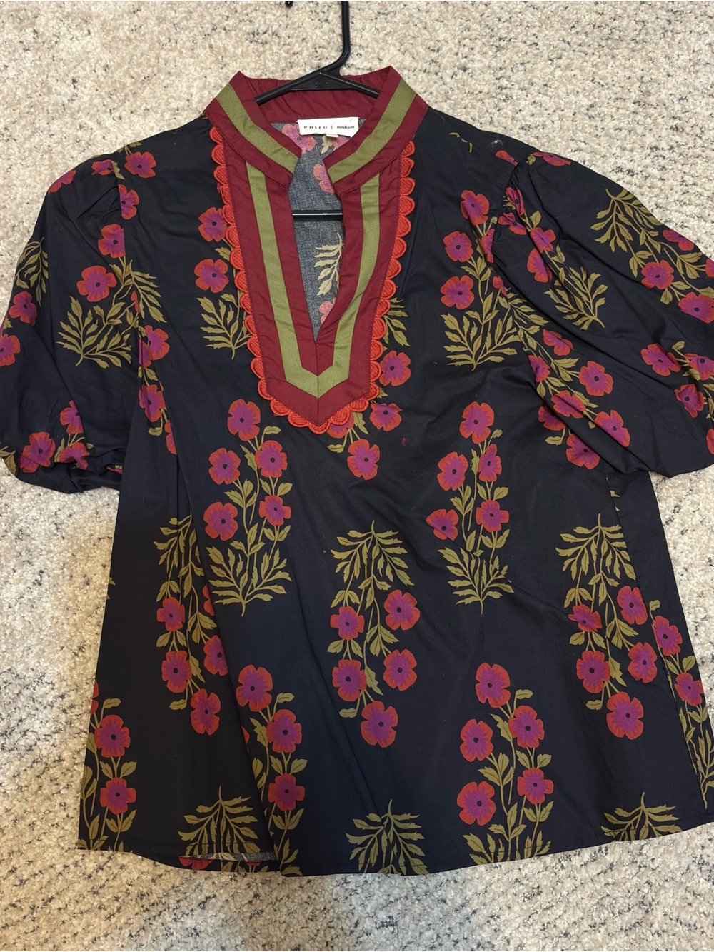 entro Navy Floral V-Neck Blouse with burgundy and Olive Accents